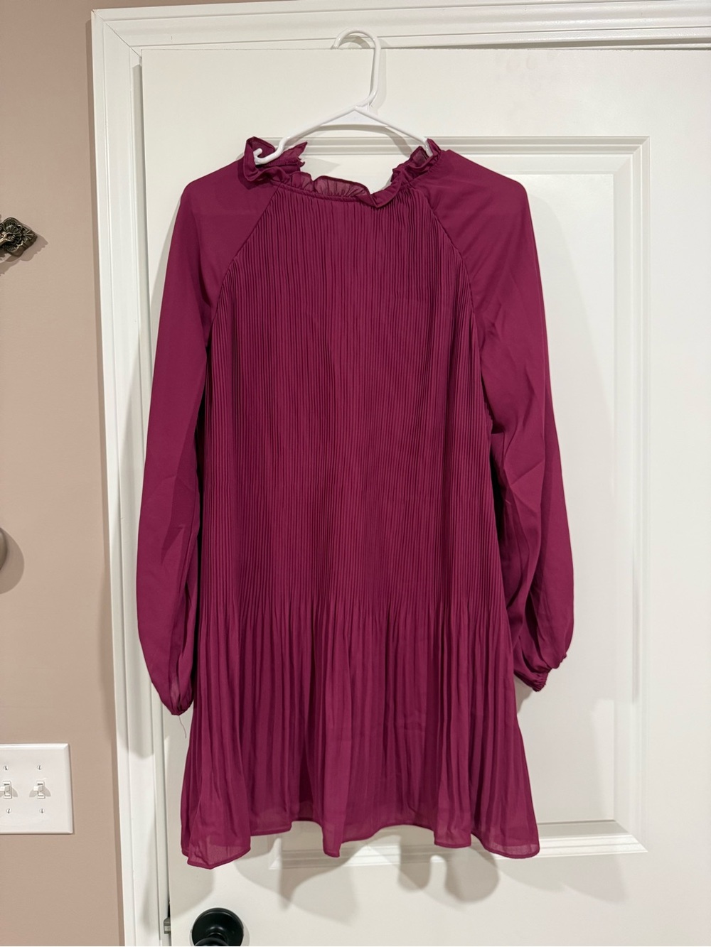 Womens Ruffle Neck Long Sleeve Dress - Magenta